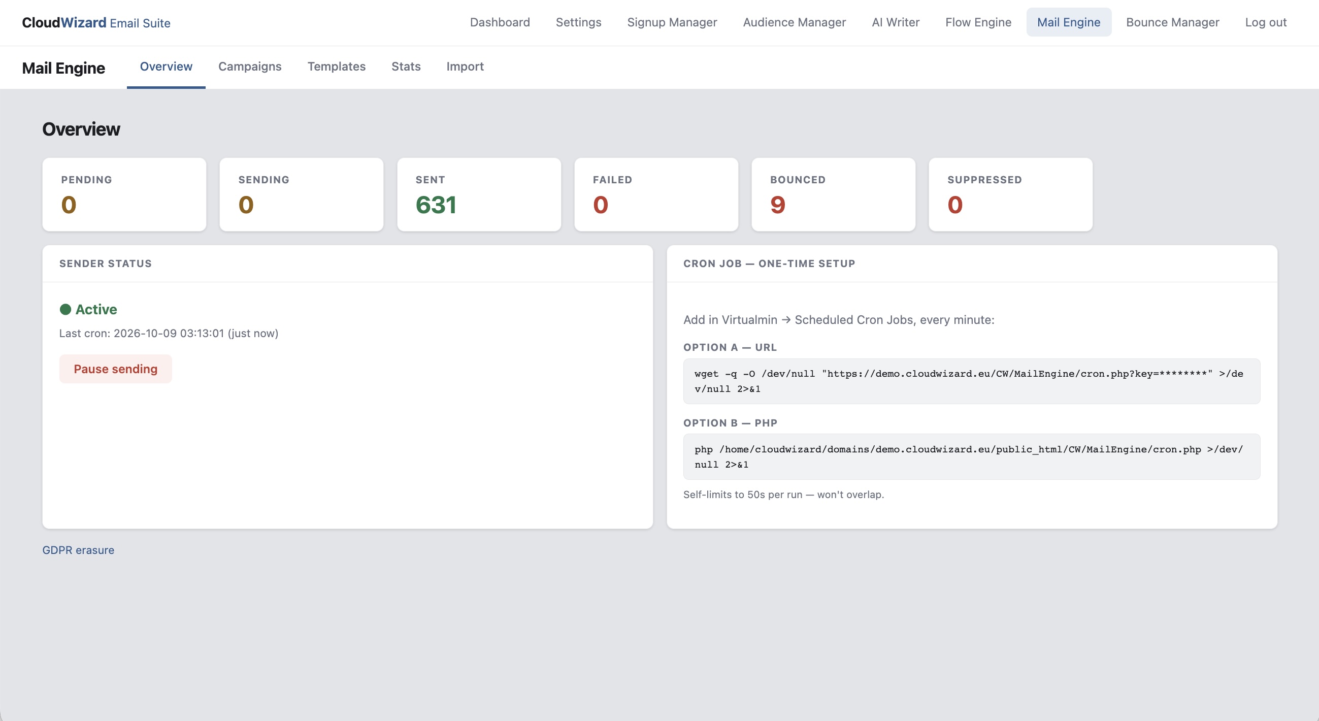 CloudWizard Mail Engine dashboard showing campaign progress and stats